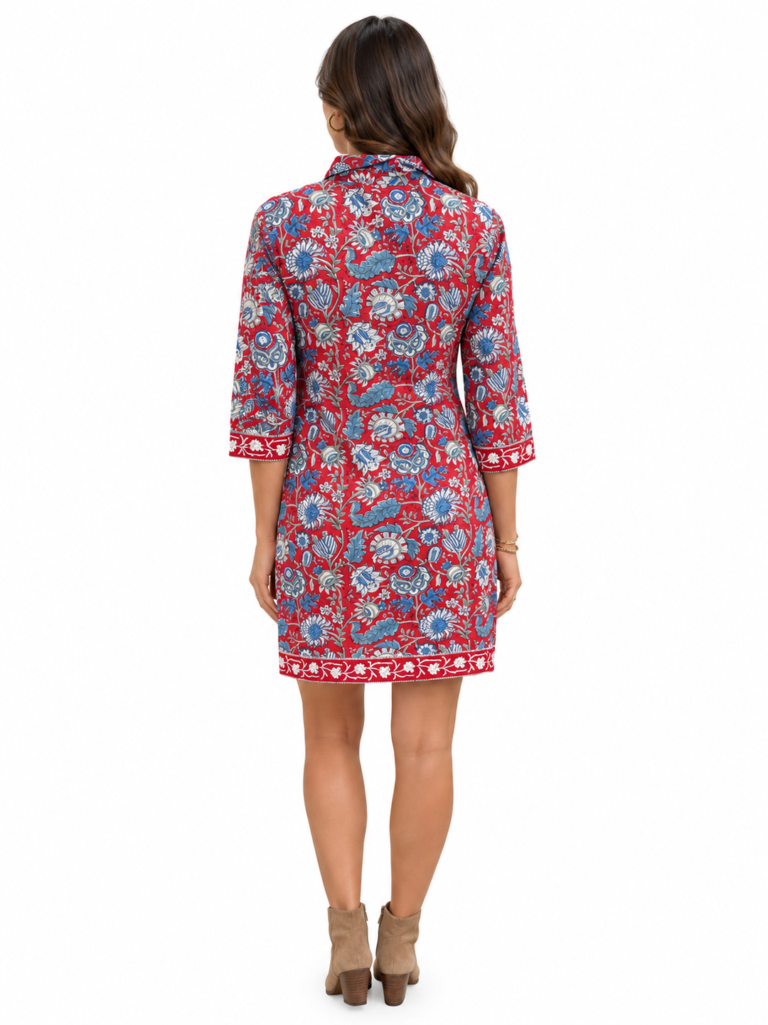 The Annika Shirt Dress in Red Blue Hand Block Printed Floral