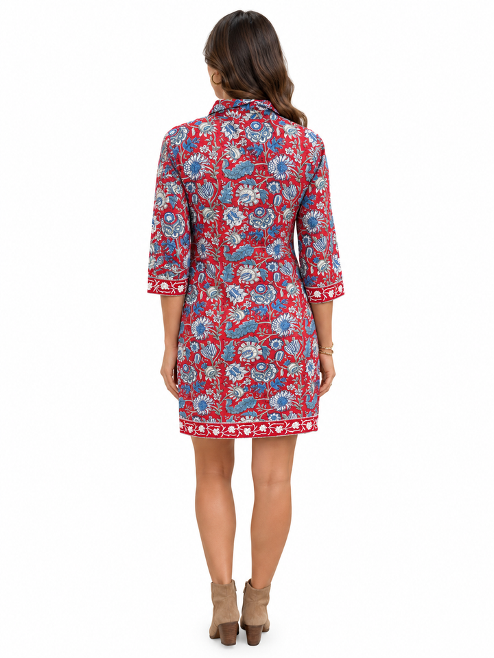 The Annika Shirt Dress in Red Blue Hand Block Printed Floral