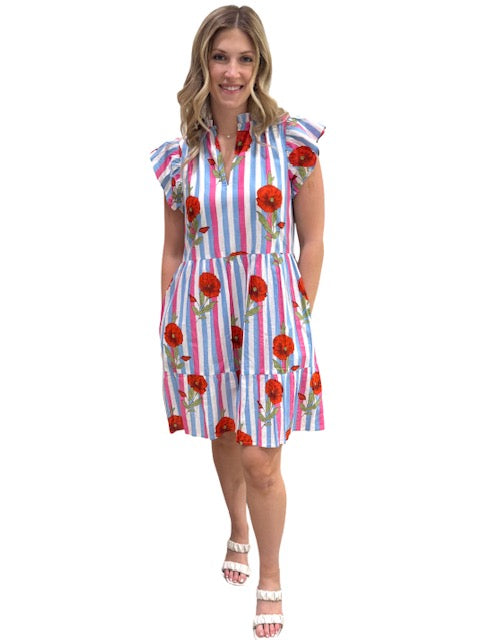 The Tinley Cotton Hand Block Printed Striped Dress in Pink Blue Floral — view 3