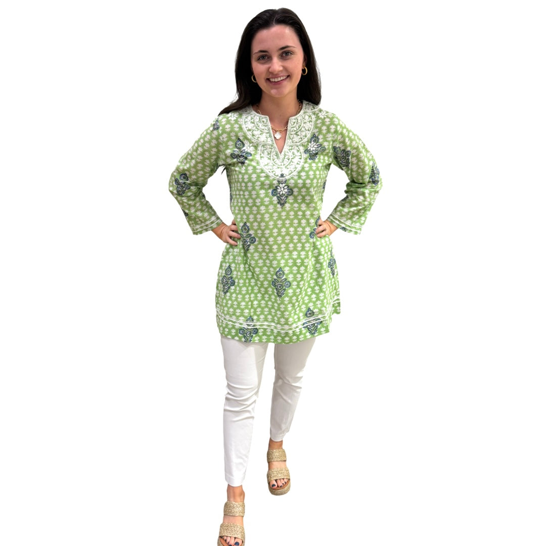 The Key Largo Embroidered Tunic in Light Green Hand Blocked Cotton