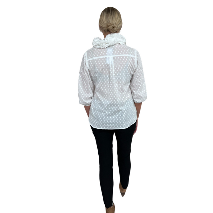 The Maria Ruffle Neck Top in White on White Dot — view 6