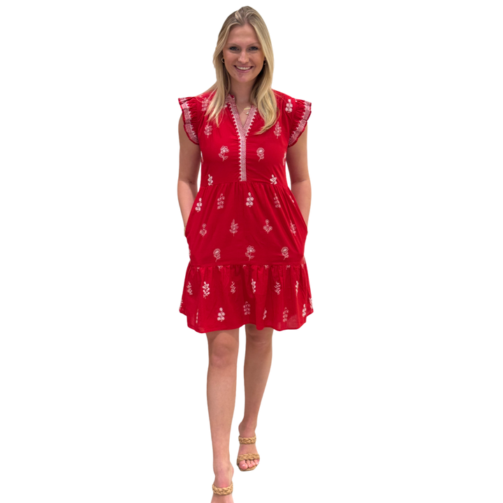 The Embroidered Campbell Flutter Sleeve in Red and White