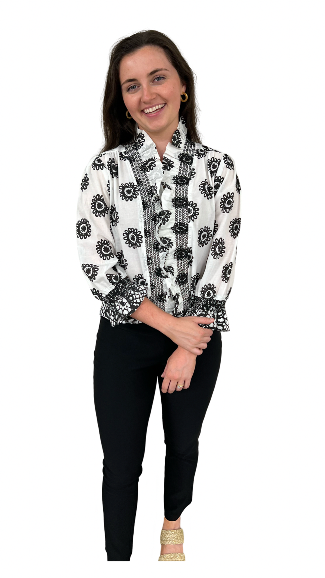 The Amelia Ruffle Front Top in Optic Black White Border Print