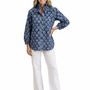 The Maria Cotton Ruffle Neck Blouse in Blue White Block Print
