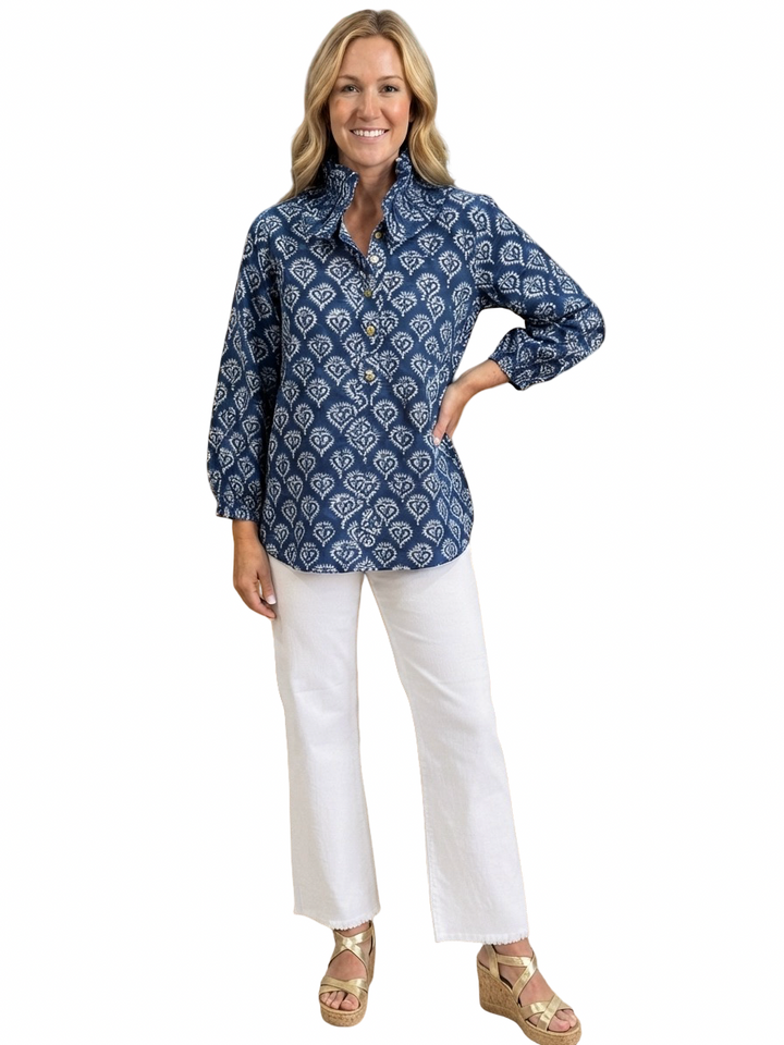 The Maria Cotton Ruffle Neck Blouse in Blue White Block Print