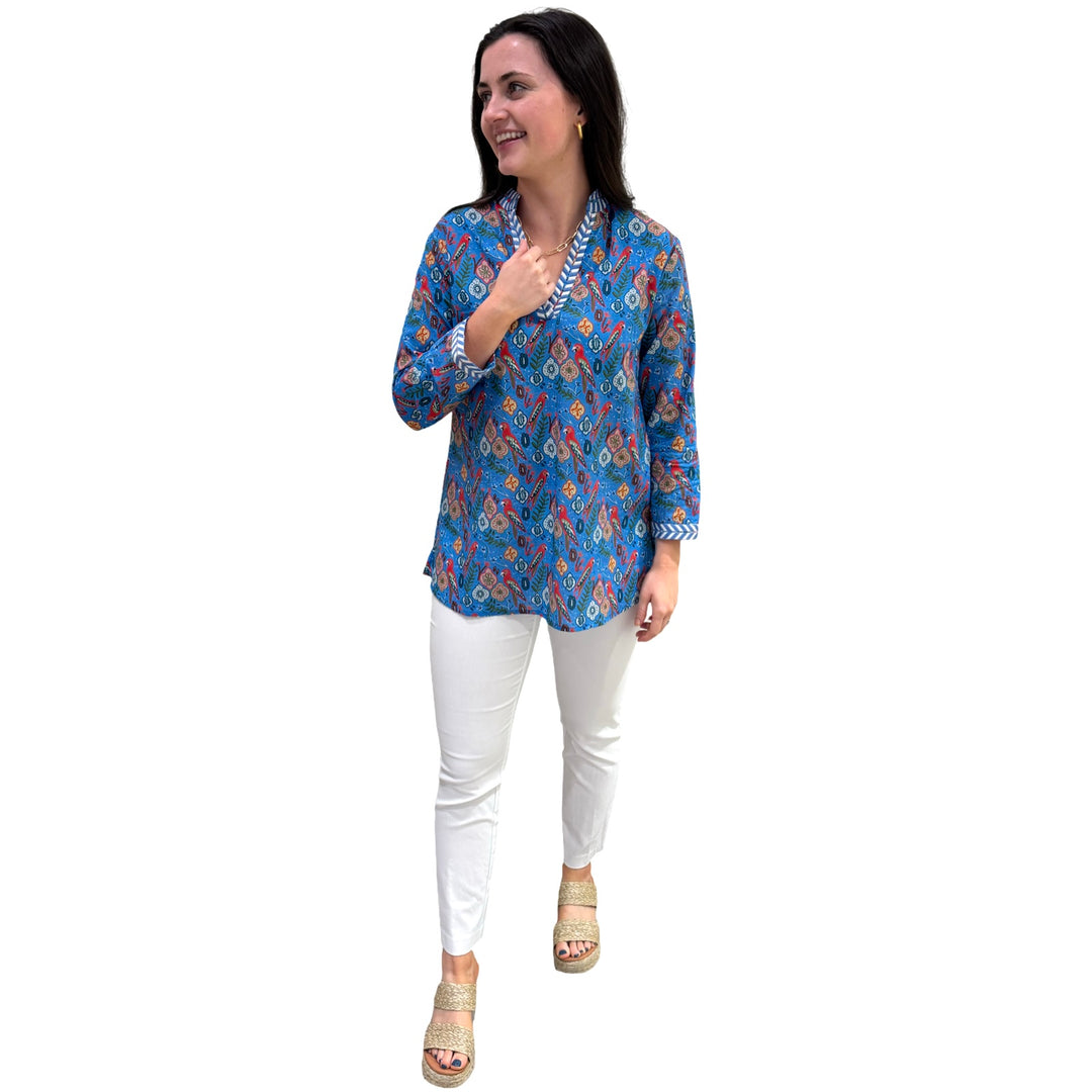The Brie Embroidered Trim Tunic in Blue Parrot Floral — view 5