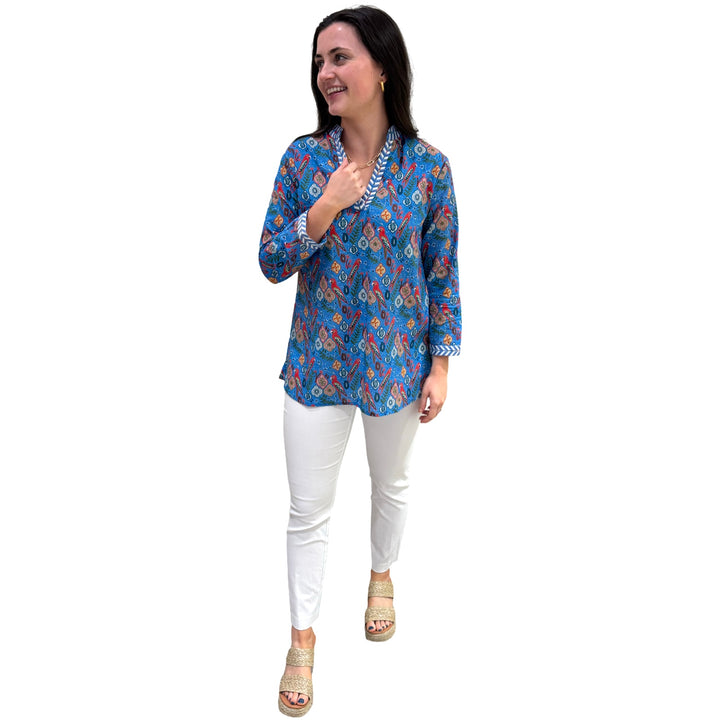 The Brie Embroidered Trim Tunic in Blue Parrot Floral — view 5
