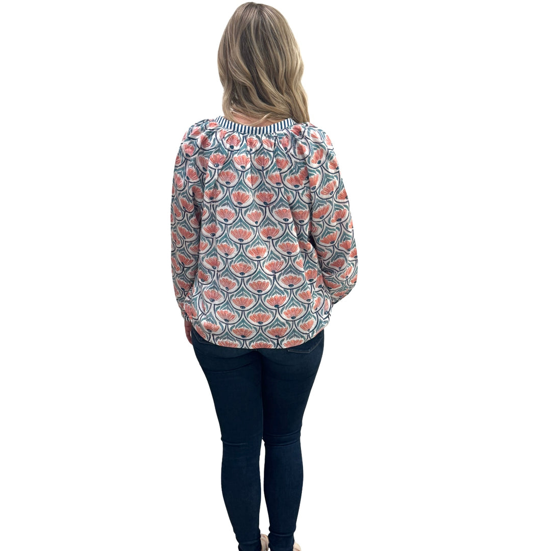 The Chandler Block Printed Floral Top in Orange and Green — view 5