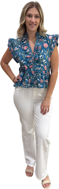 The Bella Flutter Sleeve Top in Blue Pink Metallic — view 2