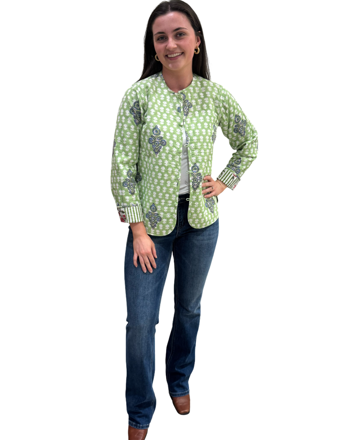 The Madeline Reversible Jacket in Green Hand-Block Striped Floral — view 7