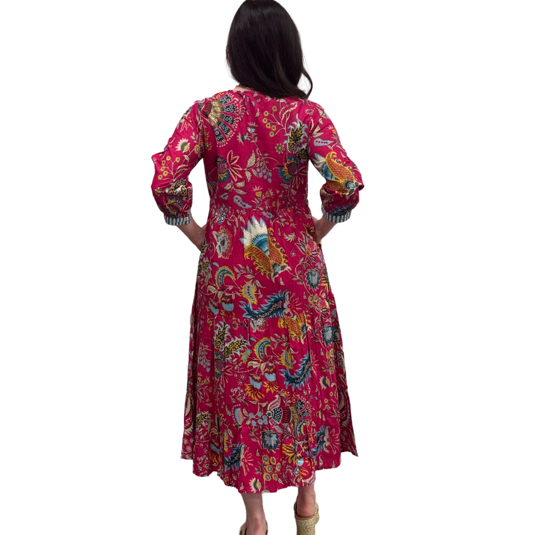 The Daniella Fuchsia Pink Hand Blocked Floral Embroidered Trim Dress — view 8