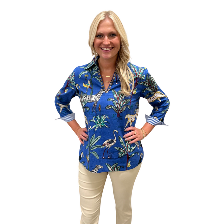 The Carly Cotton Animal Print Top in Maritime Blue