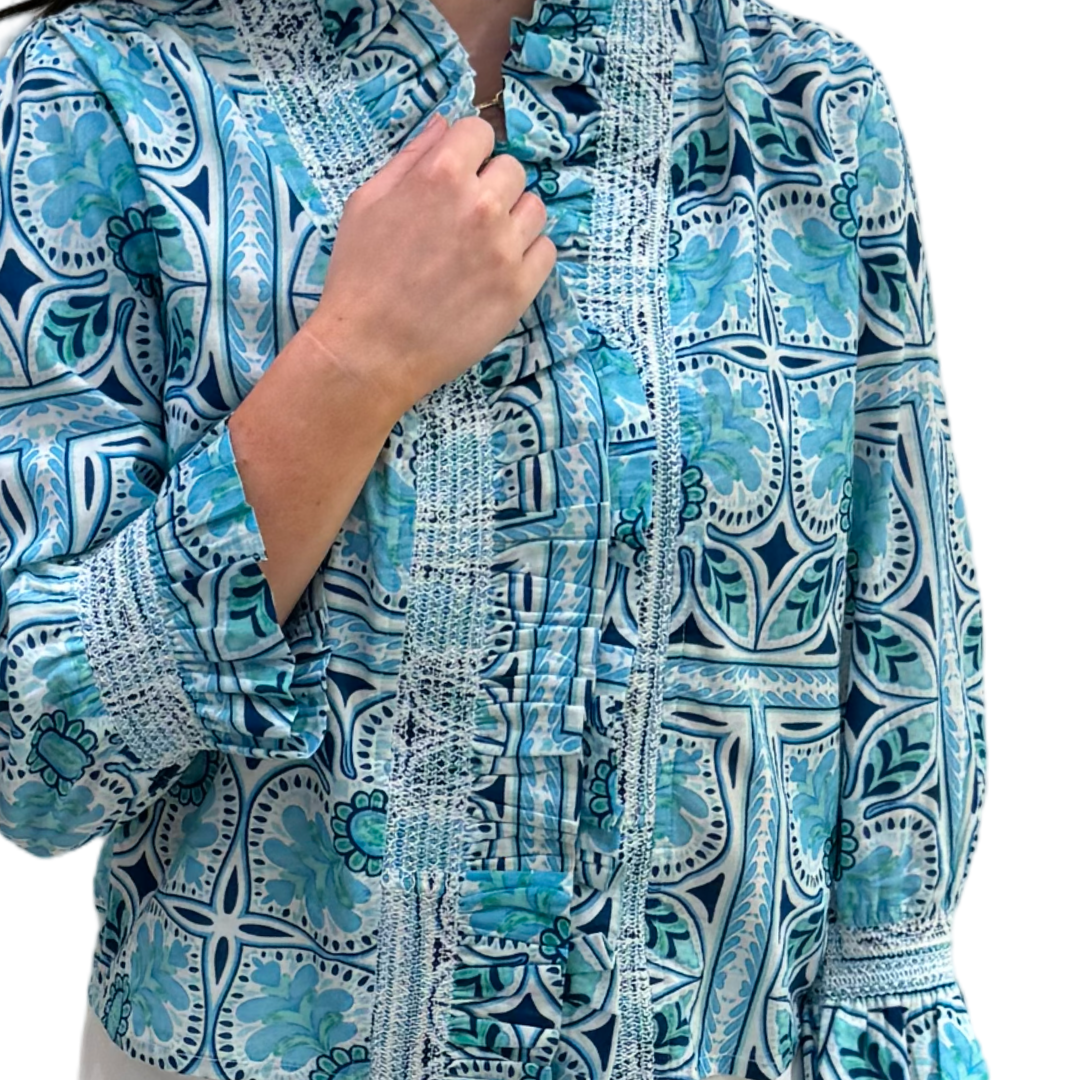 The Amelia Ruffle Front Cotton Top in Aqua Tile Print — view 6