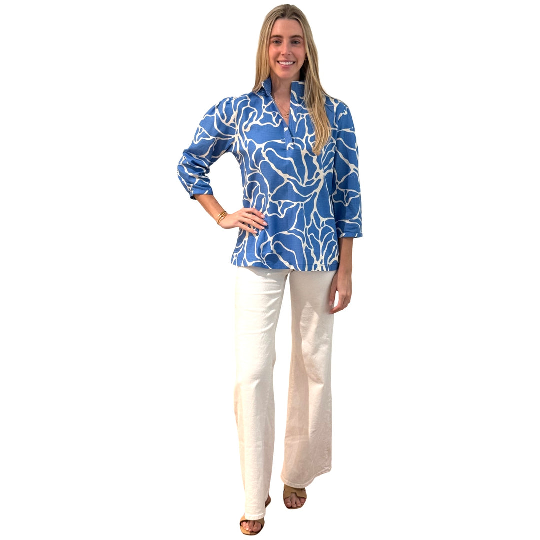 The Shipley Stand-Up Collar Top in Blue White Abstract