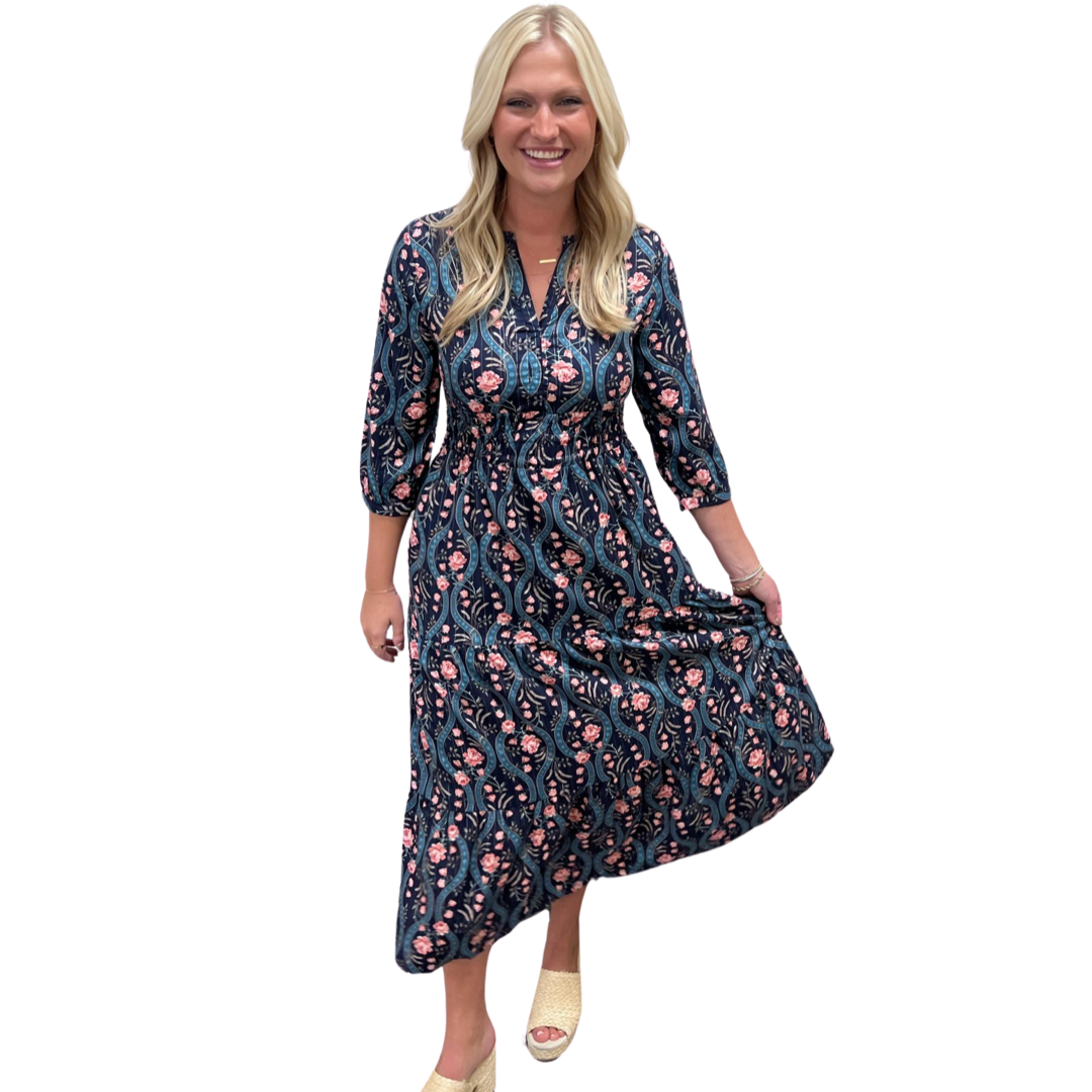 The Sydney Long Length Cinched Waist Dress in Navy Lurex Floral — view 6
