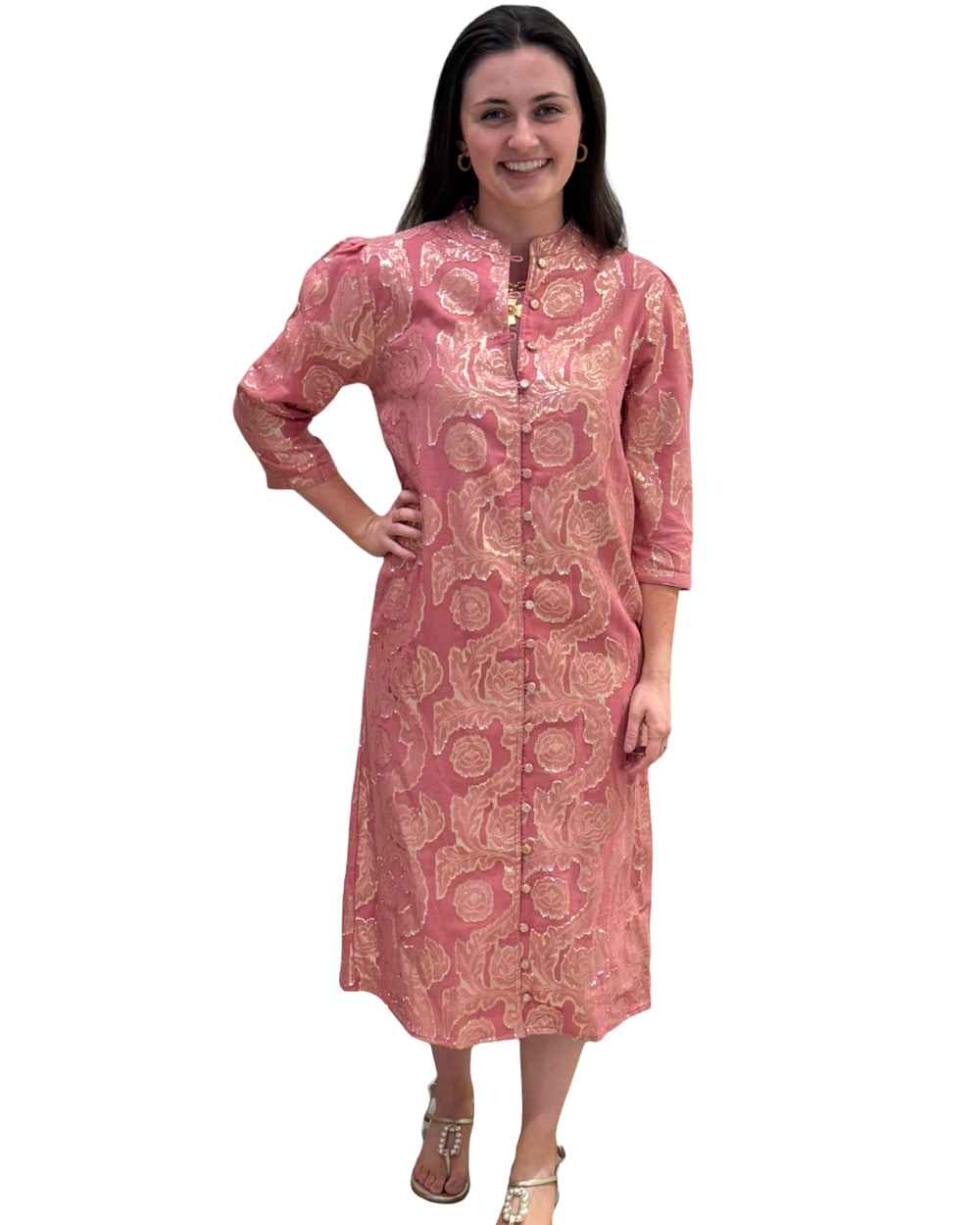 The Tabitha Button Front 3/4 Sleeve Dress in Rose Gold — view 2