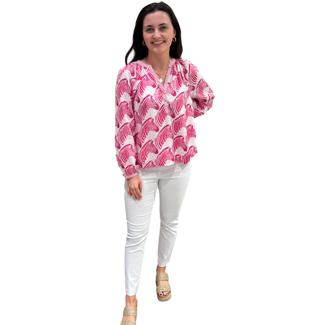 The Chandler Striped Trim Cotton Top in Pink Zebra