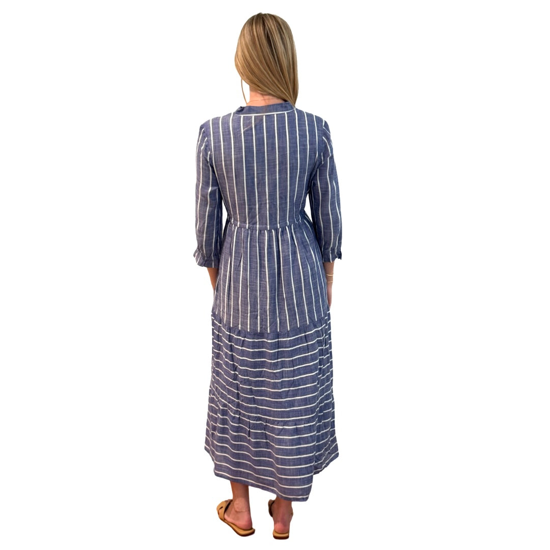 The Hamilton Chambray Stripe Tie Waist Dress in Blue and White — view 9