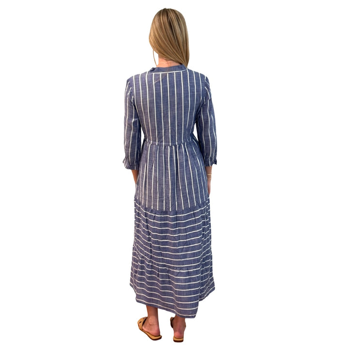 The Hamilton Chambray Stripe Tie Waist Dress in Blue and White — view 9