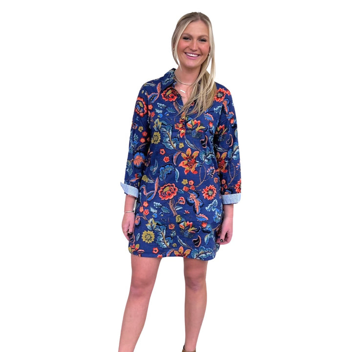 The Riley Cotton Shirt Dress in Blue Hand Blocked Floral — view 5