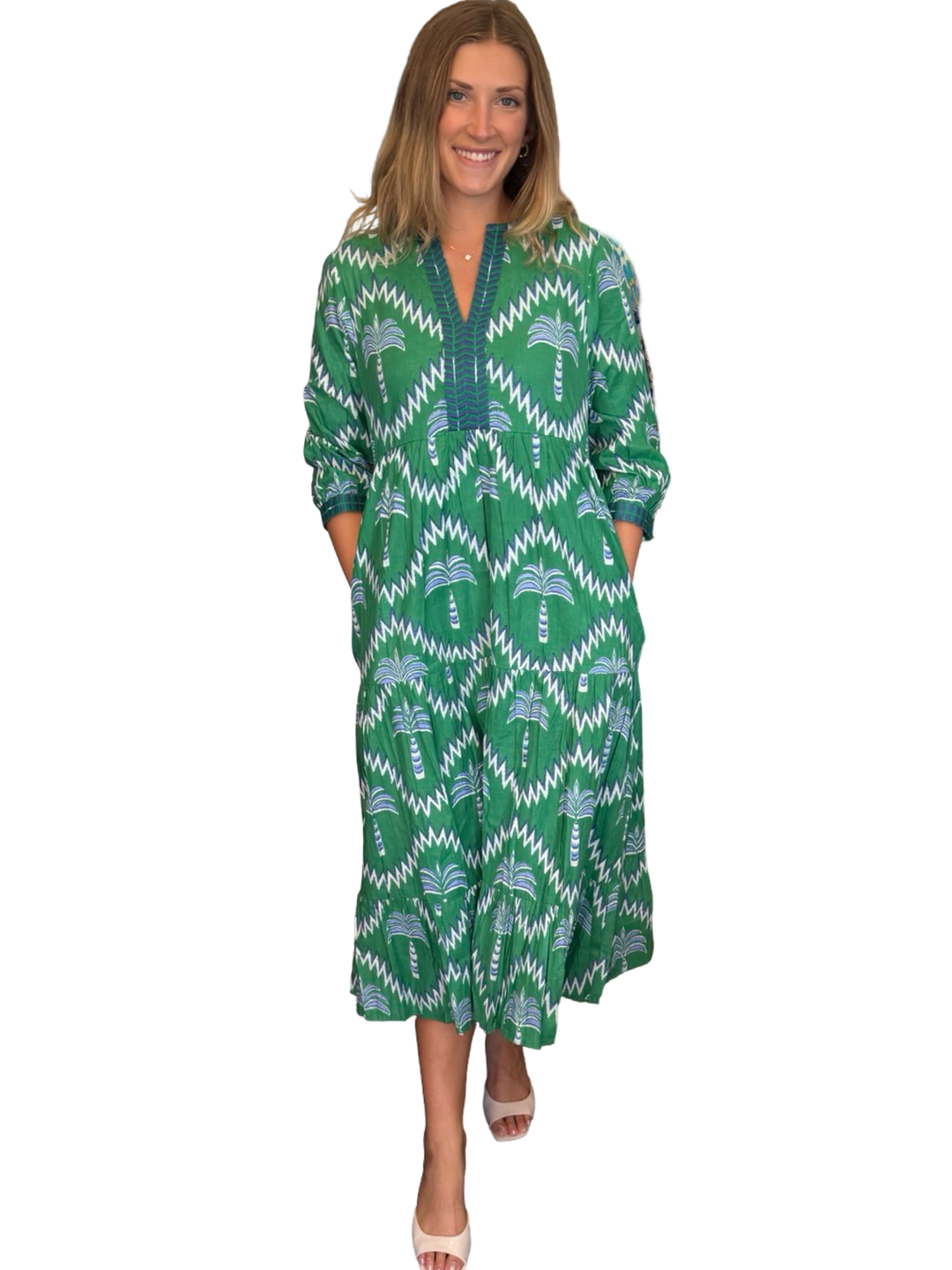 The Daniella Cotton Embroidered Trim Dress in Green Blue Palm Print