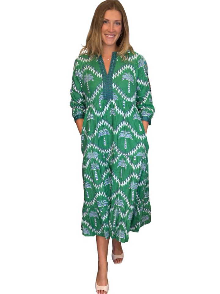 The Daniella Cotton Embroidered Trim Dress in Green Blue Palm Print