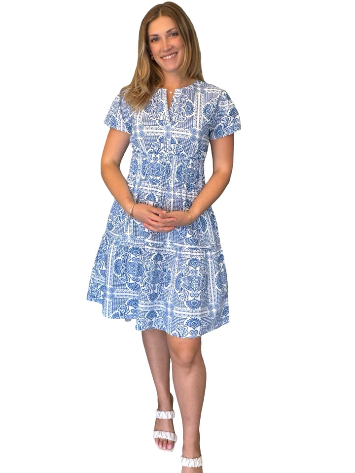The Sydney Short Sleeve Cinch Waist Dress in Blue Geometrical Printed Cotton — view 4
