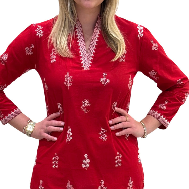 The Brie Embroidered Cotton Tunic in Red and White — view 8