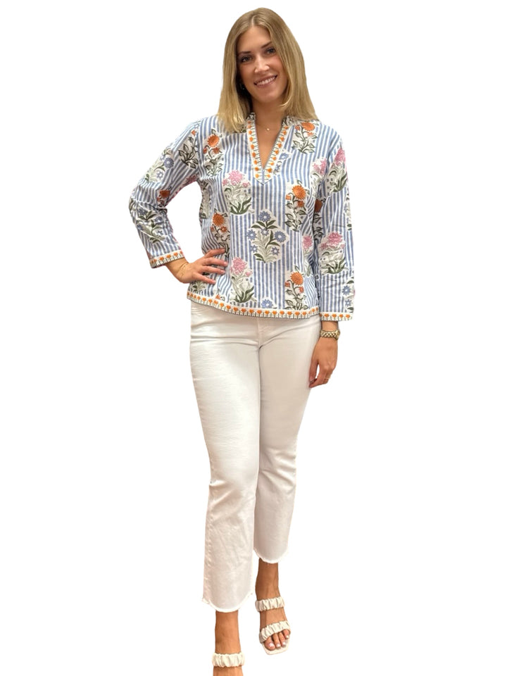 The Kelsea Top in Blue Striped Floral