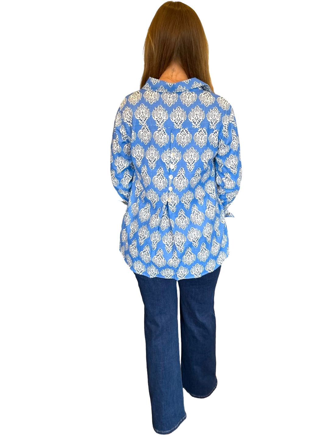 The Mason Button Back Top in Royal Blue Cotton Print