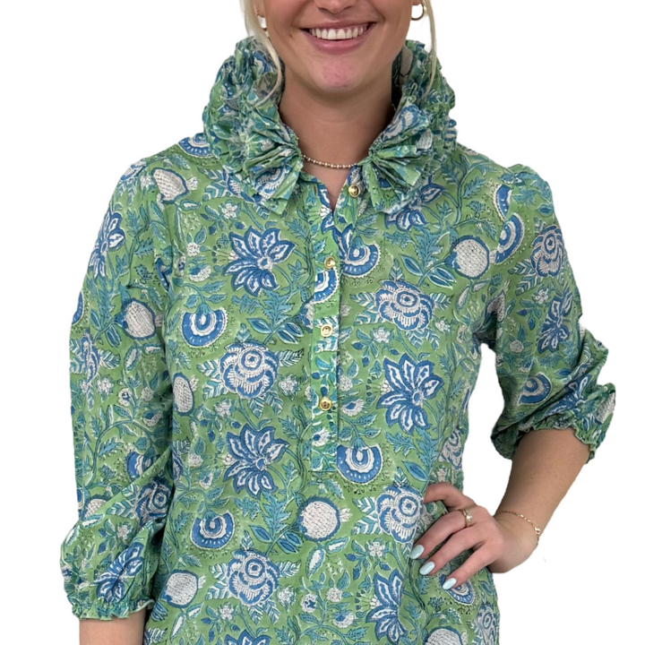 The Maria Ruffle Neck Cotton Top in Celery Floral Hand Block — view 3