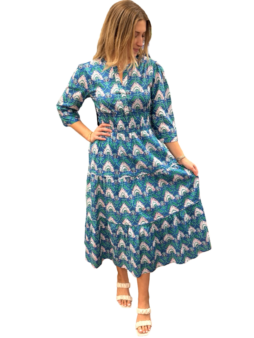 The Sydney Cinch Waist Dress in Blue Green Floral Block Print — view 3