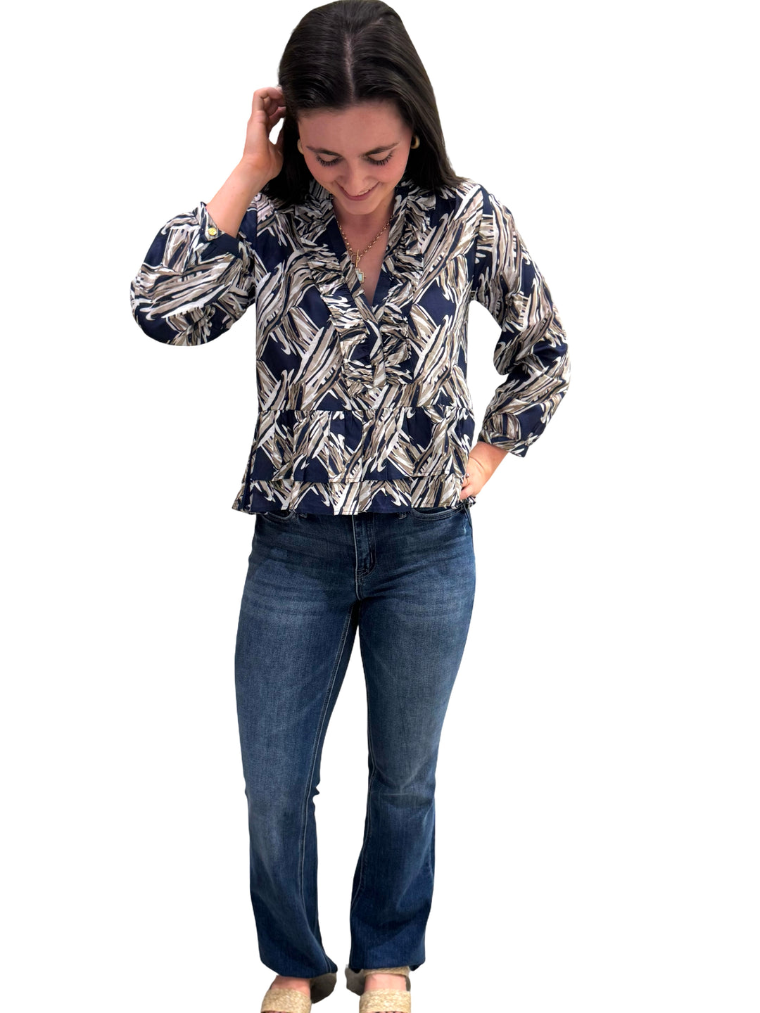 The Bella Ruffle Trim Top in Navy and Beige Splash Print — view 4