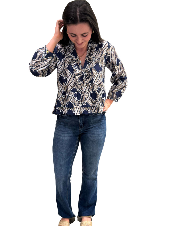 The Bella Ruffle Trim Top in Navy and Beige Splash Print — view 4