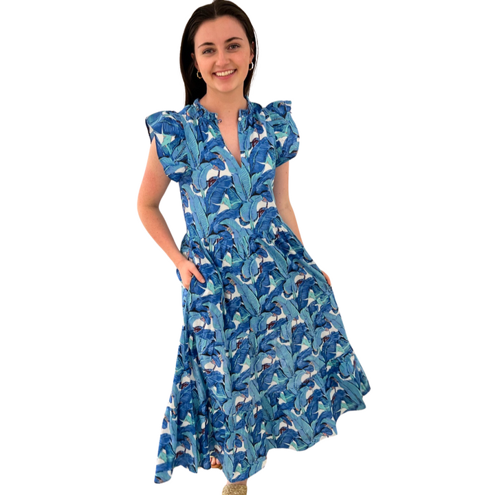 The Tinley Long Length Dress in Blue Palm Leaf Block Print — view 4