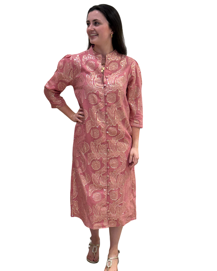 The Tabitha Button Front 3/4 Sleeve Dress in Rose Gold — view 6