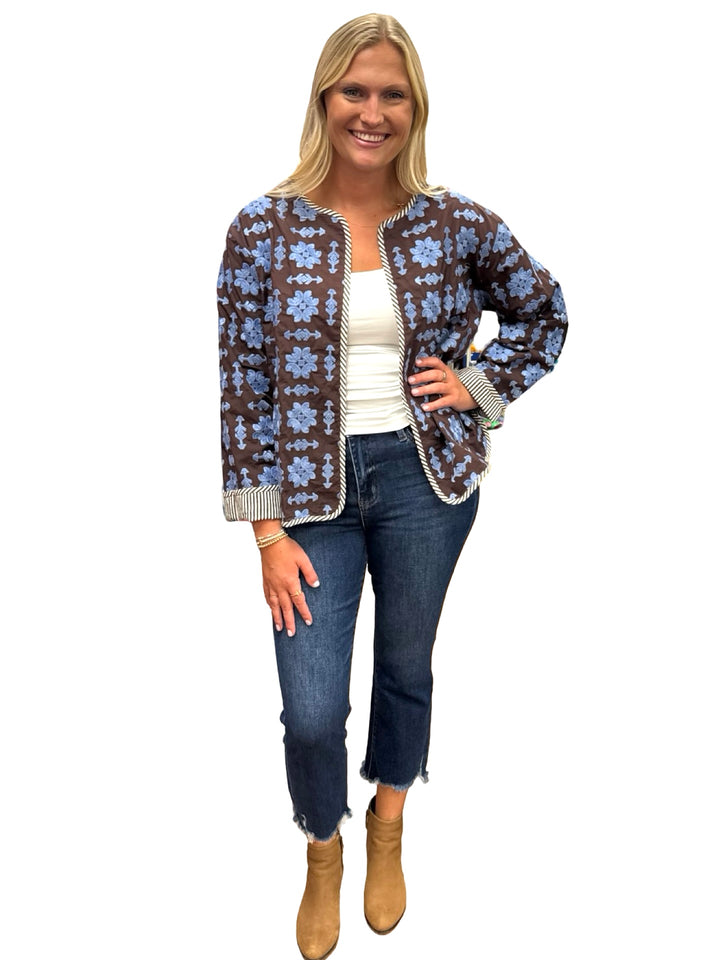 The Nellie Reversible Applique Jacket in Brown and Periwinkle Blue