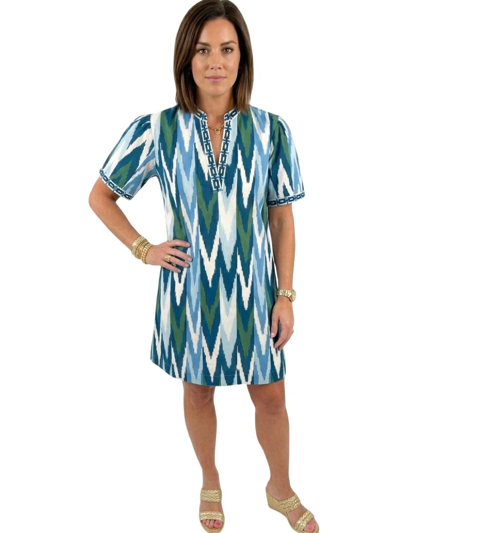 The Cynthia Embroidered Trim Cotton Dress in Blue Green Ikat