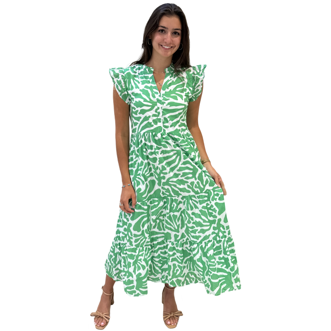 The Campbell Long Flutter Sleeve Dress in Vibrant Green and White — view 6