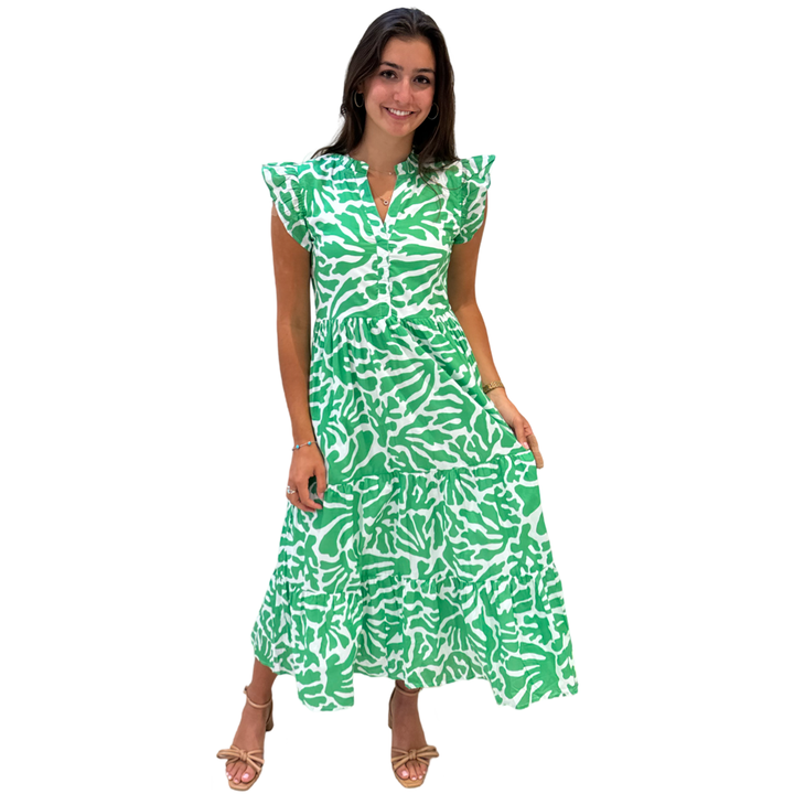 The Campbell Long Flutter Sleeve Dress in Vibrant Green and White — view 6