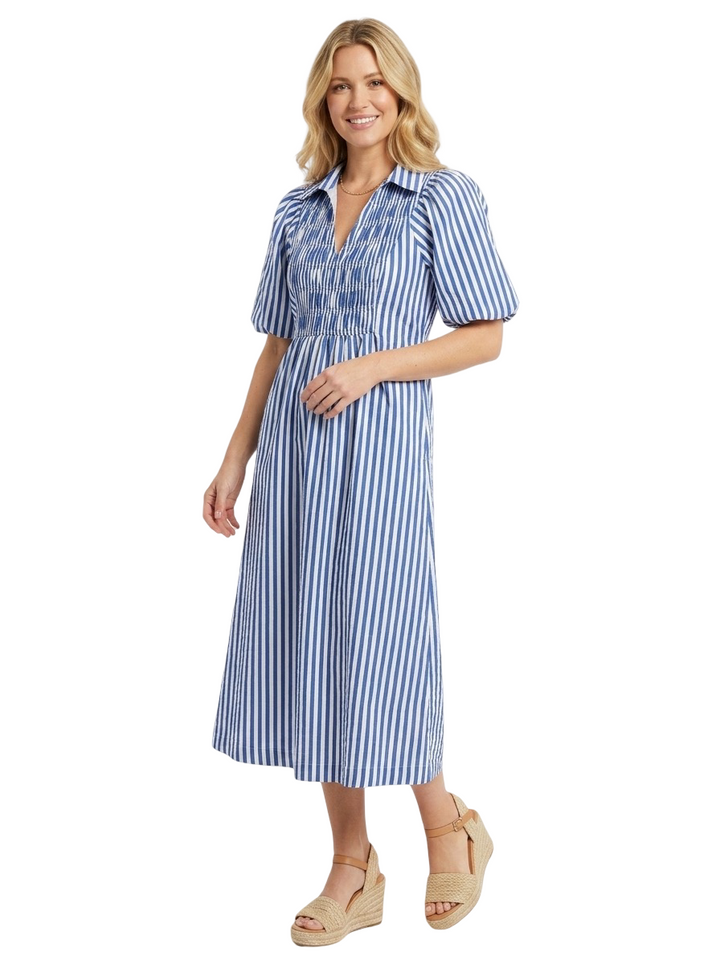 The Joanie Smocked Blue White Striped Dress — view 5