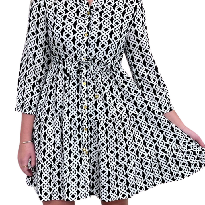The Hamilton Tie Front Monochromatic Print Dress in Black and White — view 6