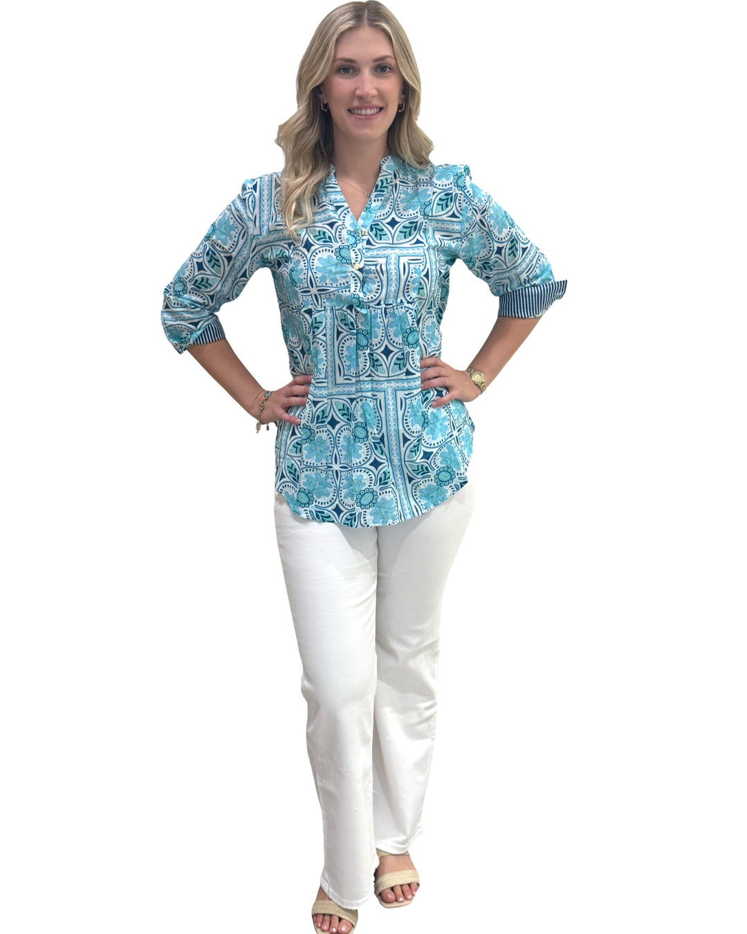 The Elliott Cotton Top in Aqua Tile Print — view 3