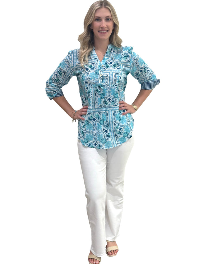 The Elliott Cotton Top in Aqua Tile Print — view 3