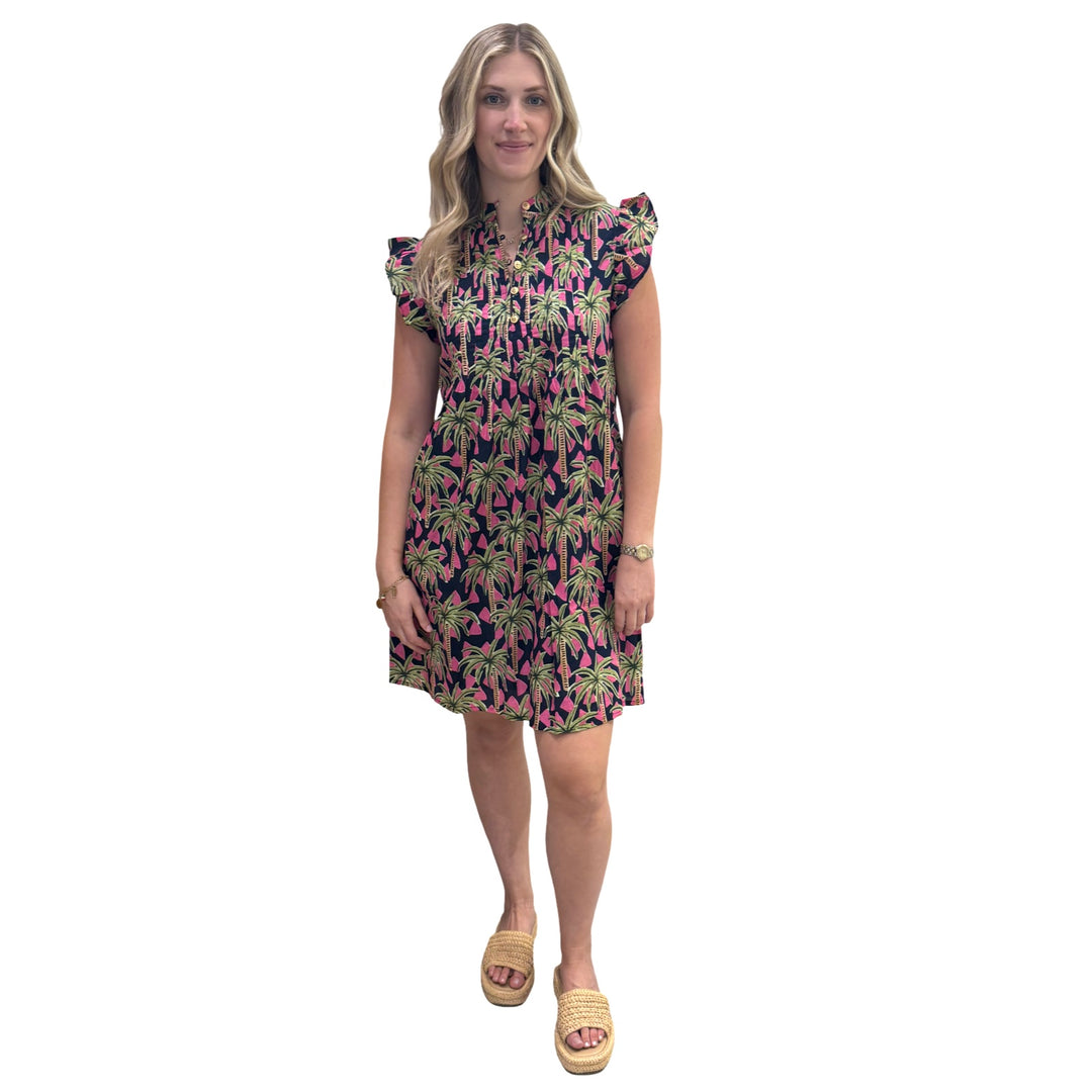 The Maggie Flutter Sleeve Dress in Pink Navy Palm Print — view 4