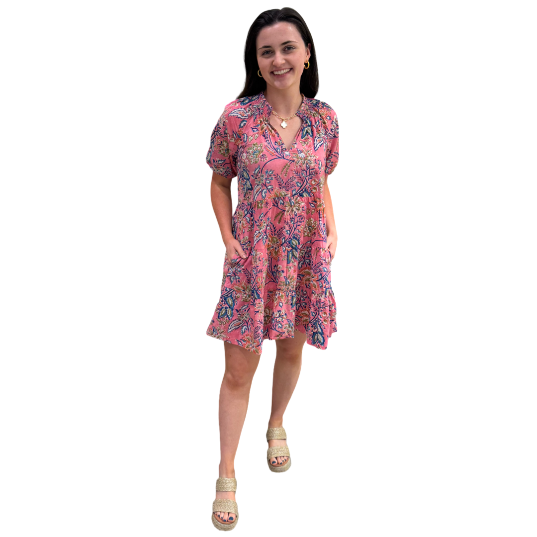 The Dahlia Smocked Neck Short Sleeve Dress in Pink Cotton Floral Hand Blocked Cotton