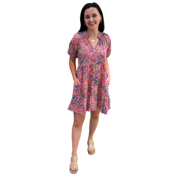 The Dahlia Smocked Neck Short Sleeve Dress in Pink Cotton Floral Hand Blocked Cotton