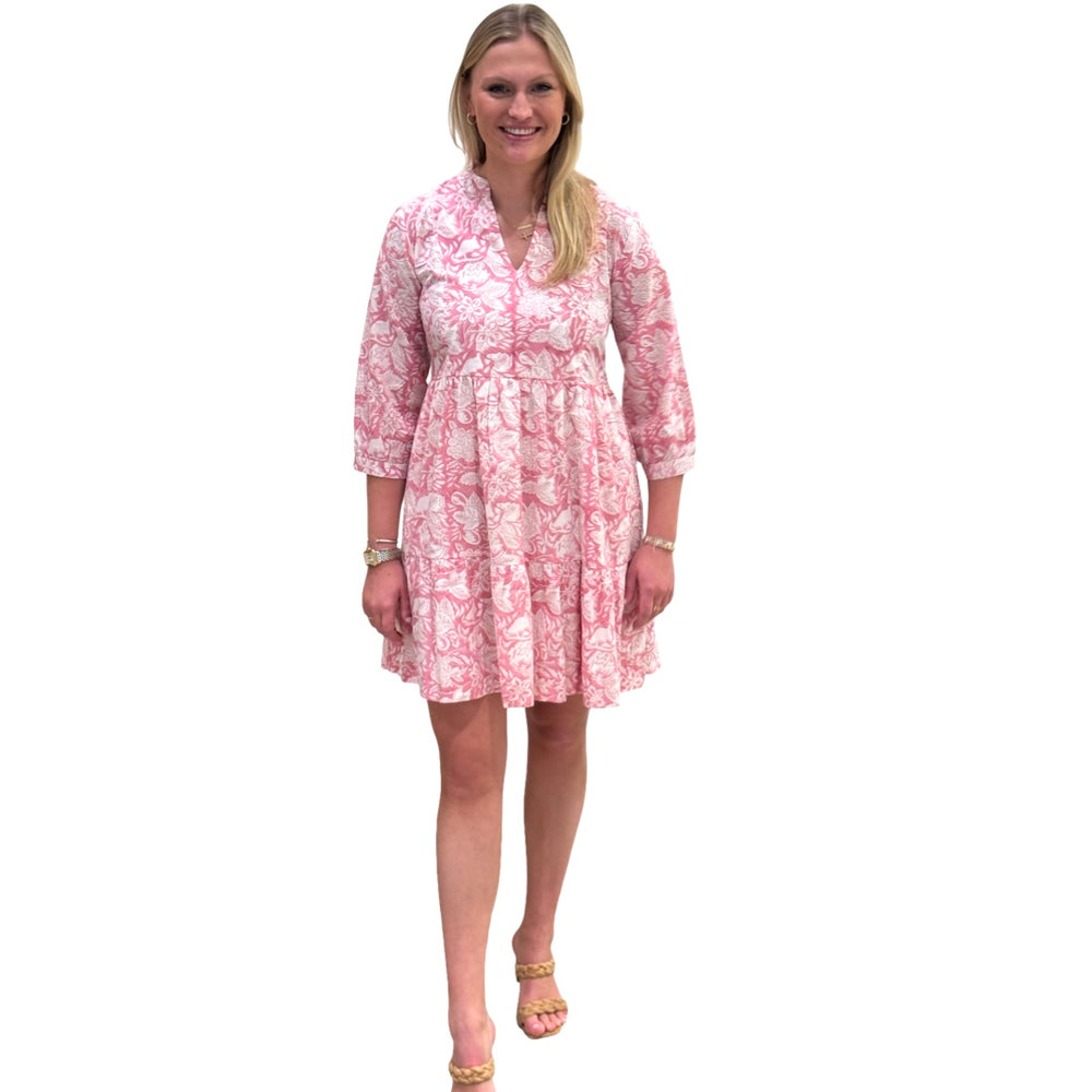 The Preston 3/4 Length Sleeve Dress in Pink and White Hand Blocked Cotton — view 2