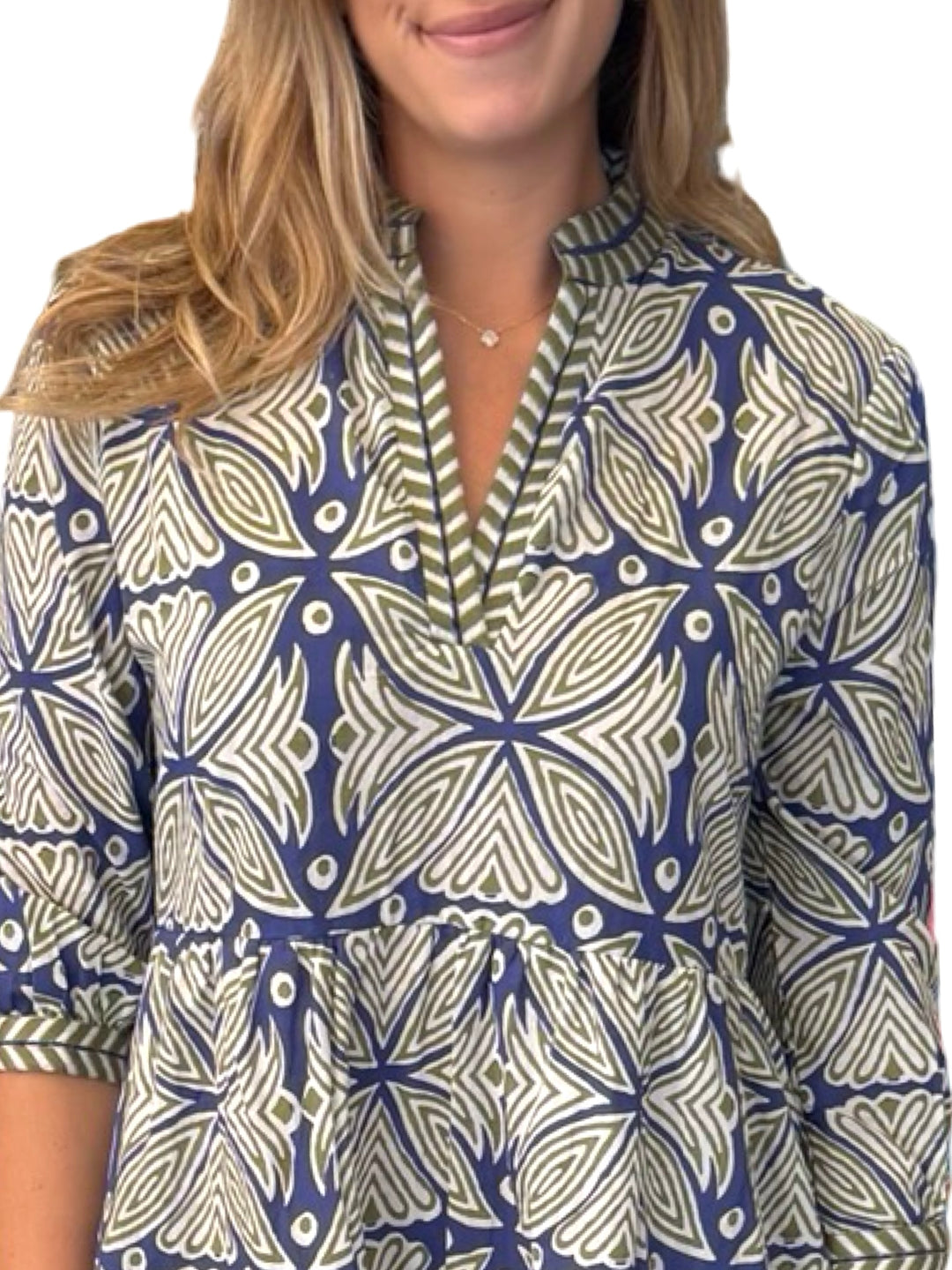 The Daniella Embroidered Trim Dress in Navy Green