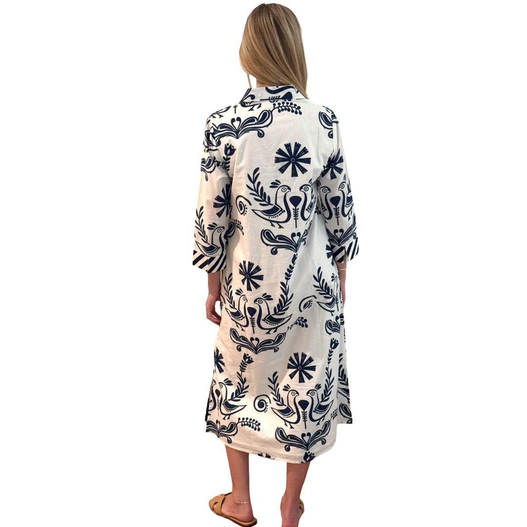 The Lisette Cotton Dress in White and Navy Bird Print — view 5